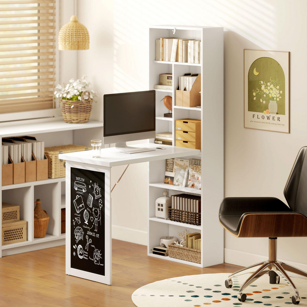 SCHREIBTISCH Holzoptik klappbar mit Regal und Tafel 98/51/153 cm - Weiß, Holzwerkstoff (51/98/153cm) - PANGIVO