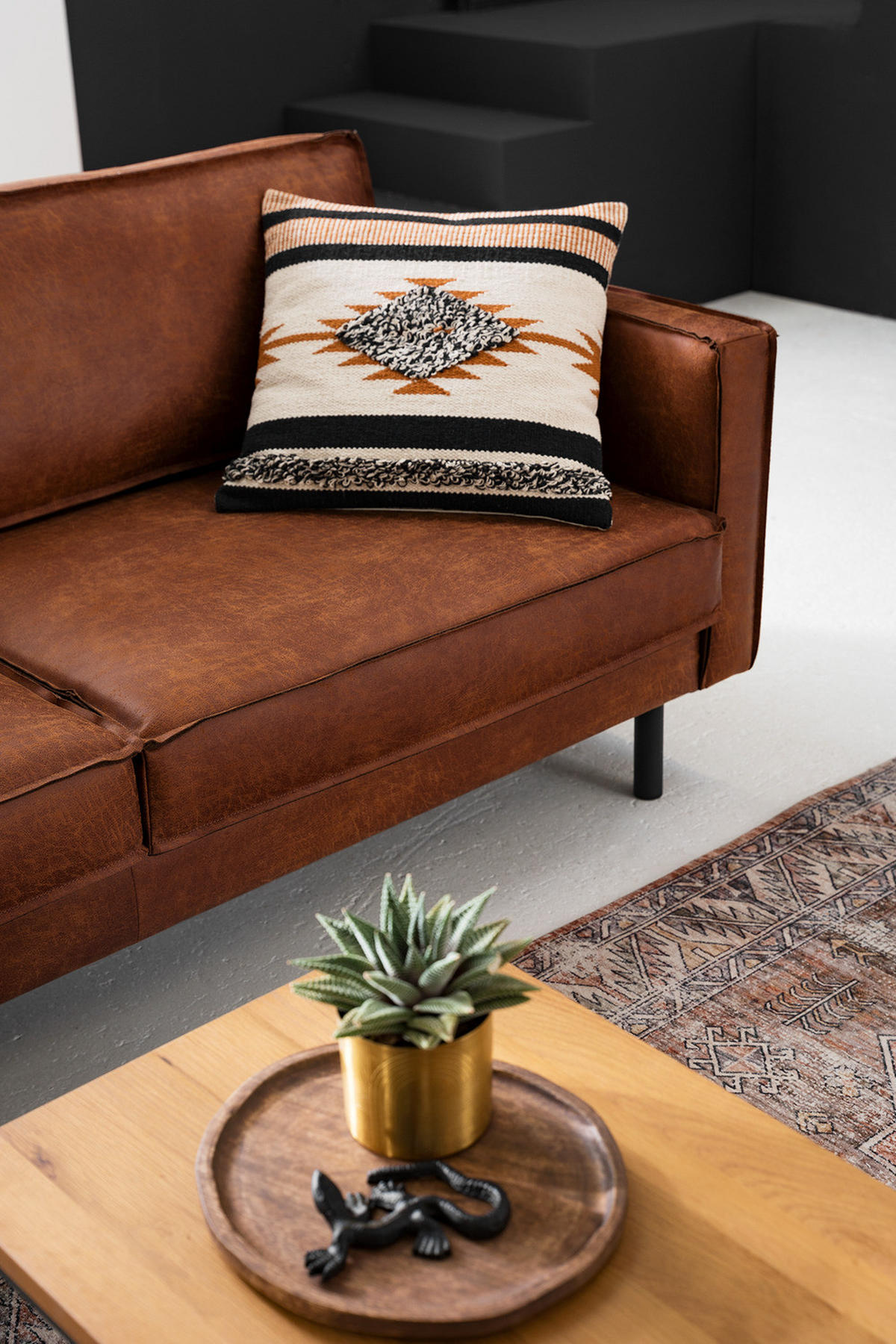 3-SITZER SOFA - Cognac/Schwarz, Leder/Textil (207/81/96cm) - home24