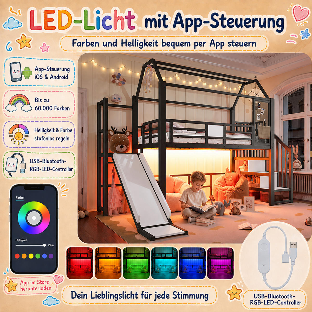 HOCHBETT 90/200cm mit Rutsche, LED/Treppe, Metall, Schwarz - Schwarz, Metall (90/200cm) - LVHOM