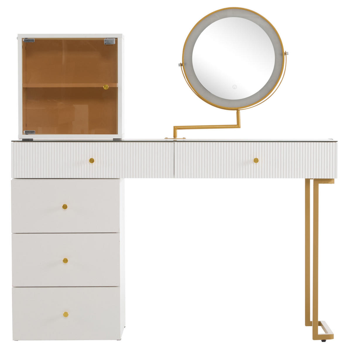 SCHMINKTISCH 120/45/115 cm mit LED-Spiegel, flexiblem Seitenregal und Glasplatte, Weiß/Goldfarben - Weiß, Holzwerkstoff (120/115/45cm) - Redom