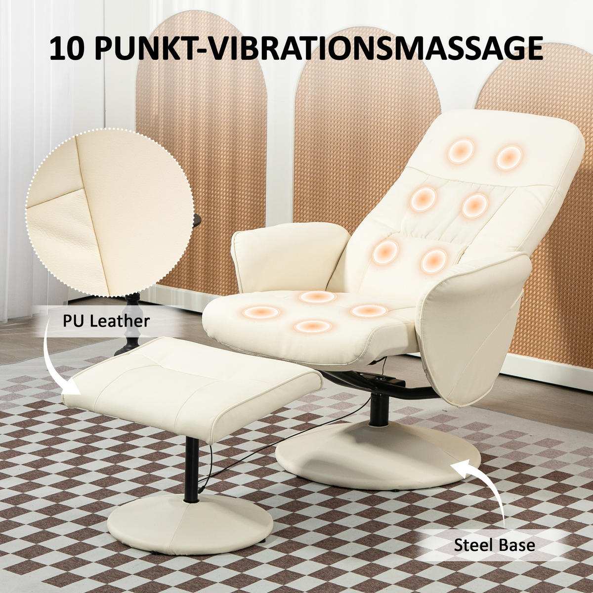RELAXSESSEL mit Fußhocker, Fernbedienung, Kunstleder, Cremeweiß - Weiß, Metall (76/105/81cm) - HOMCOM
