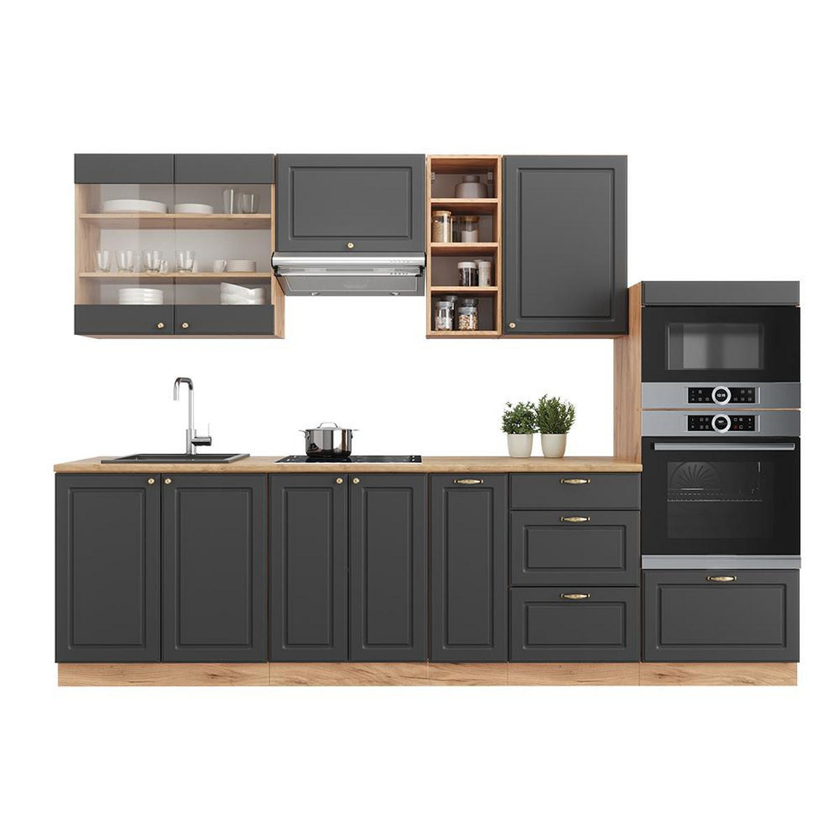 KITCHENETTE Fame-Line Casă de țară antracit/stejar Goldkraft 280 cm fara blat - stejar miere/antracit, compozit lemnos (280/153.6/51.6cm) - Vicco