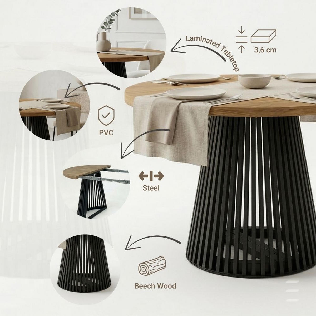 ESSTISCH runder ausziehbarer Tisch für Esszimmer DOVER 100 / 150 cm, Farbe: Weiß / Schwarz - Schwarz/Weiß, Holz (150/100/77cm) - Dekori_Interiors