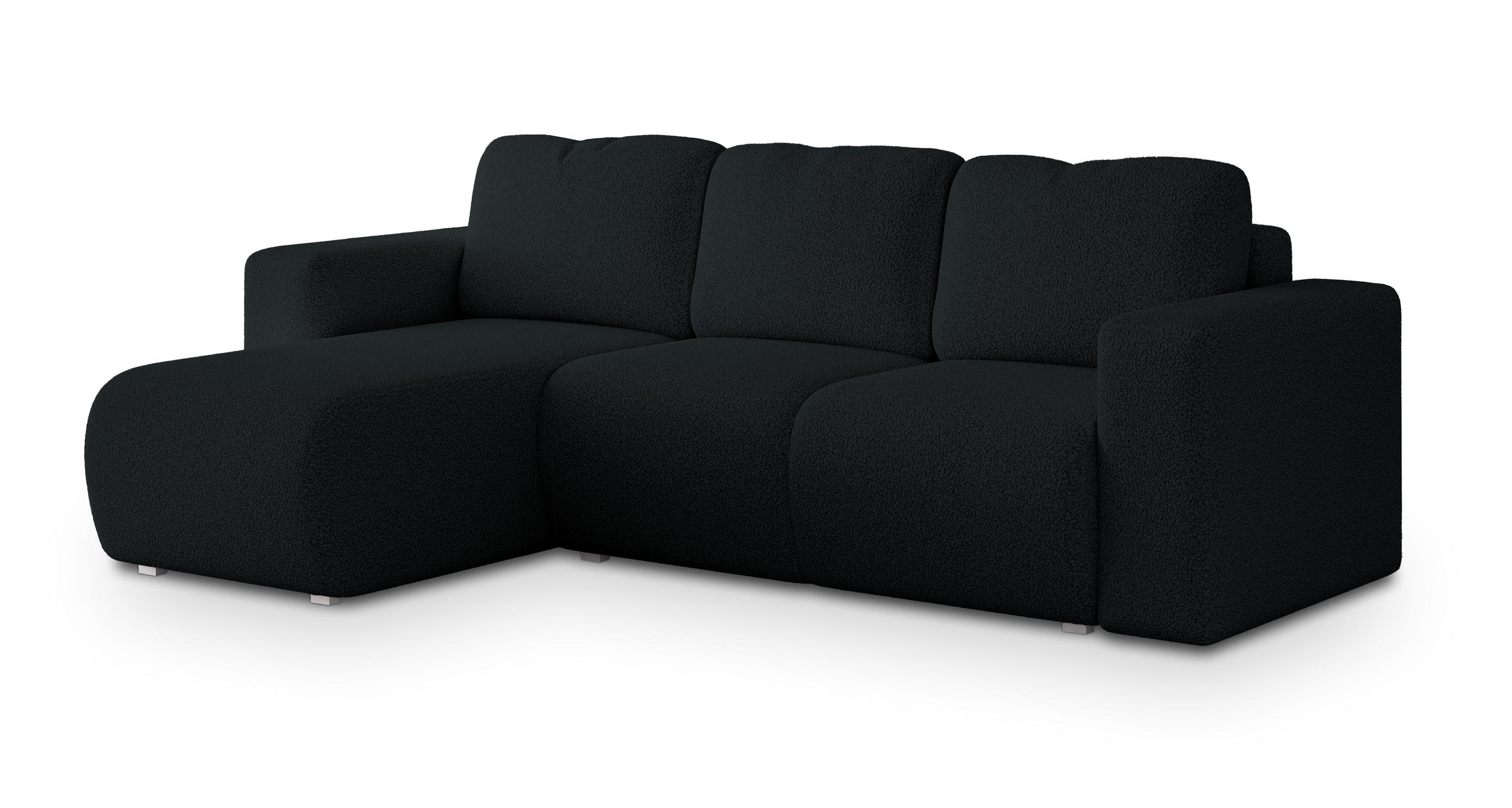ECKSOFA RINOVA Schwarz Boucle-Stoff mit Schlaffunktion - Schwarz, Holz (250/143cm) - MASSENO