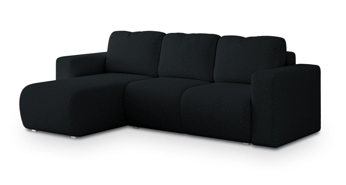ECKSOFA RINOVA Schwarz Boucle-Stoff mit Schlaffunktion - Schwarz, Holz (250/143cm) - MASSENO