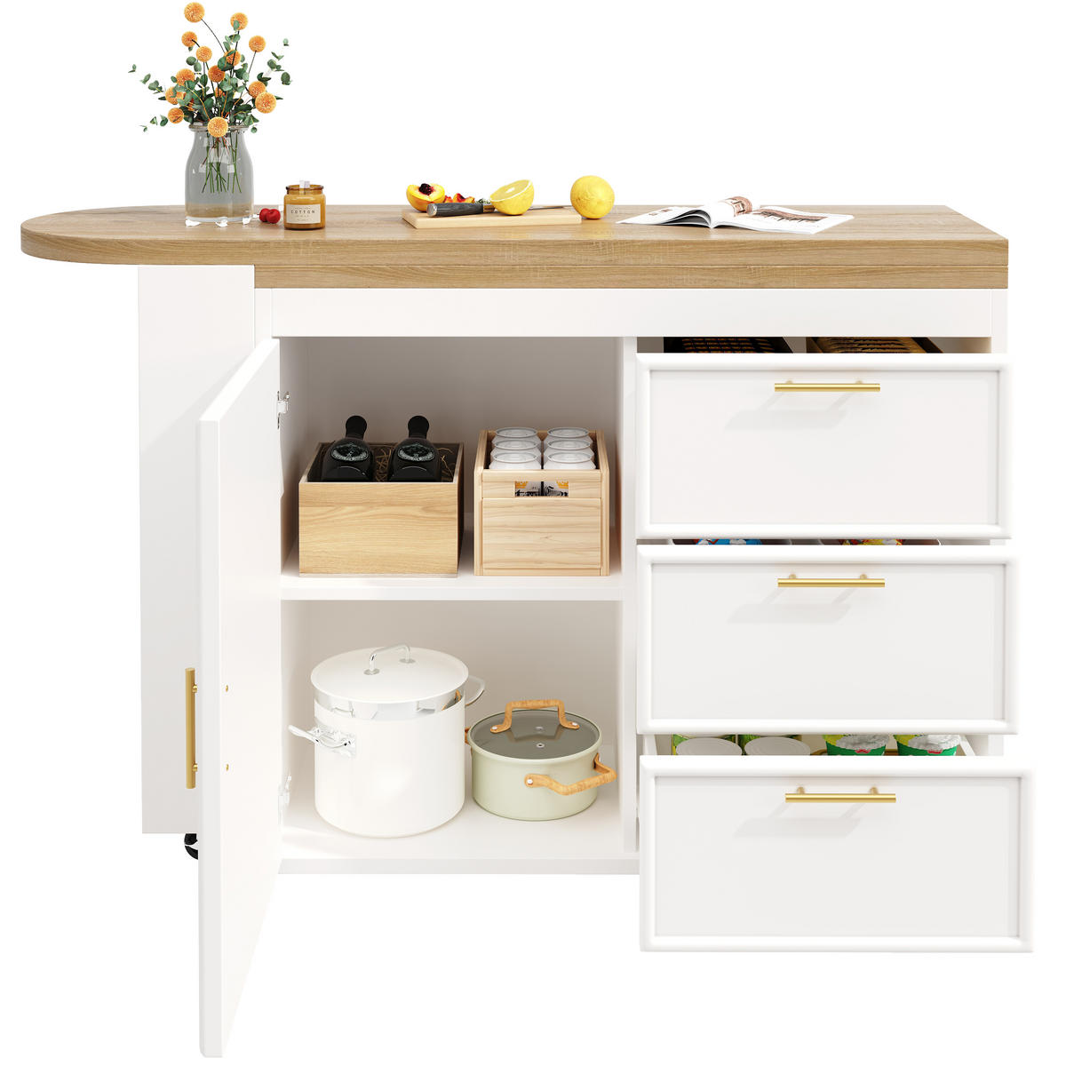 BARTISCH 128-203/39/90 cm in Weiß mit 360°-Drehfunktion und Stauraum - Weiß, Holzwerkstoff (39/203/90cm) - BEAOK
