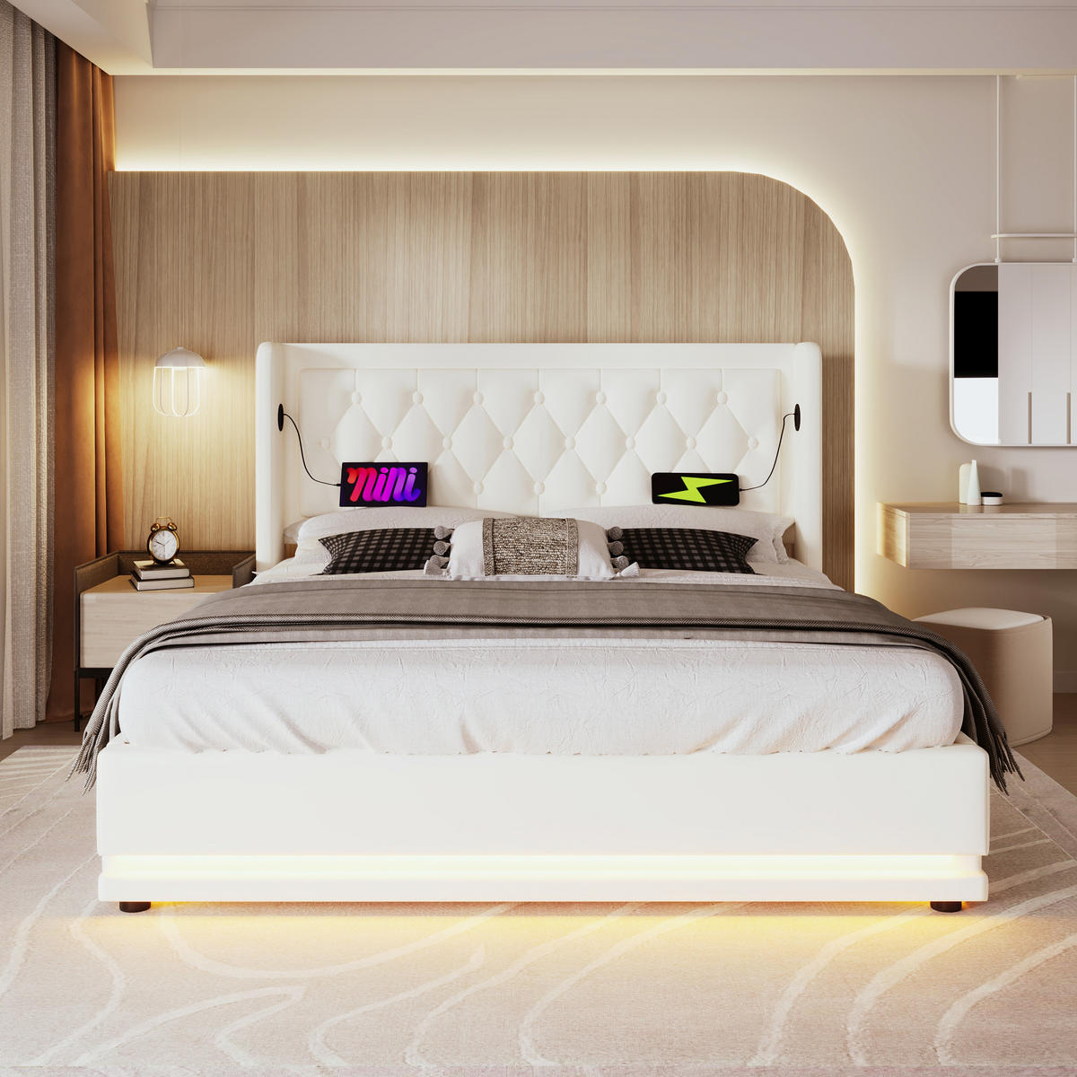 STAURAUMBETT 180/200 cm DE-00824, in PU Weiß, Hydraulik und LED - Weiß, Metall (180/200cm) - ComfortXL