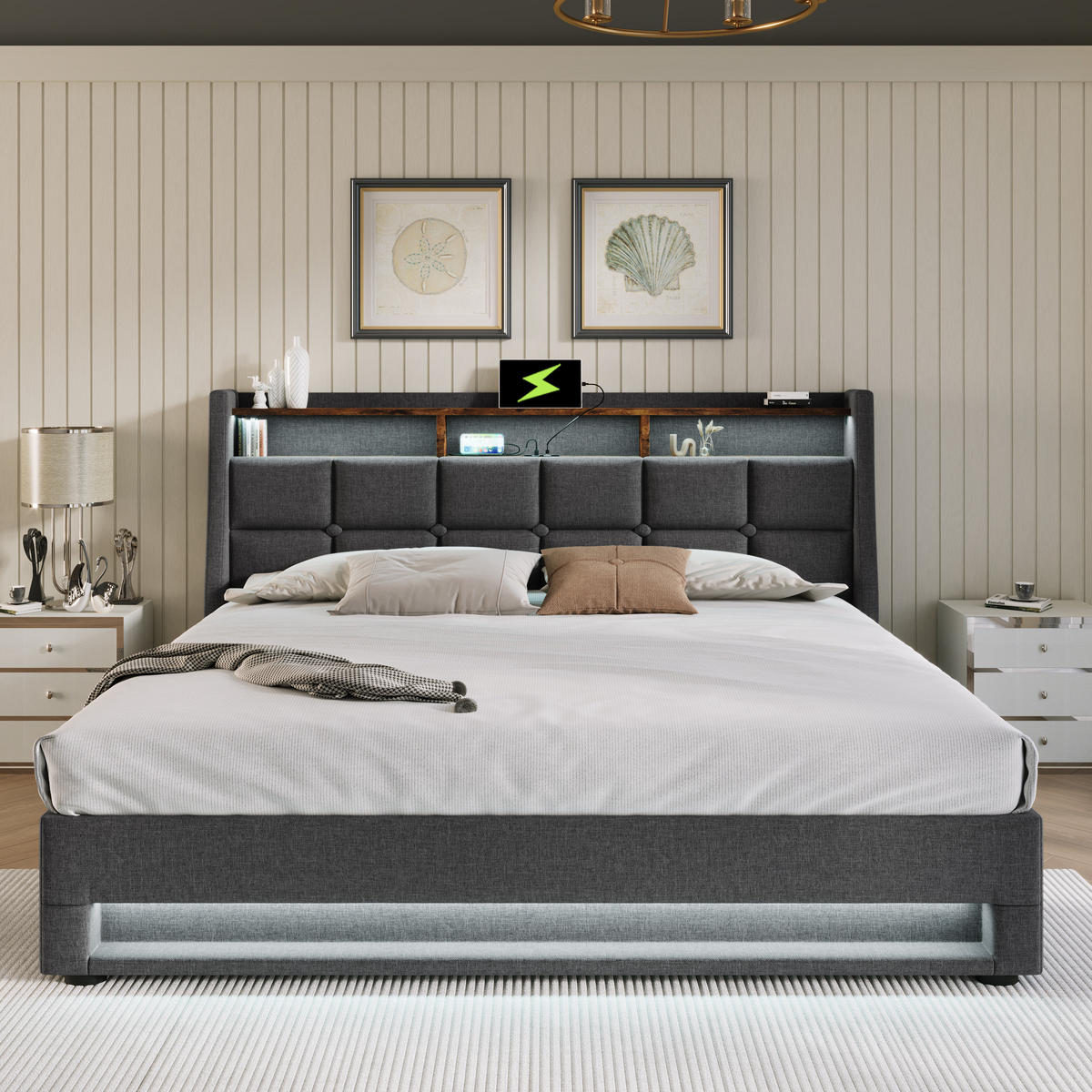 POLSTERBETT aus Leinenstoff 140x200 cm Grau mit LED-Beleuchtung, USB-Anschluss und Bettkasten - Grau, Textil (140/200cm) - IVMEU
