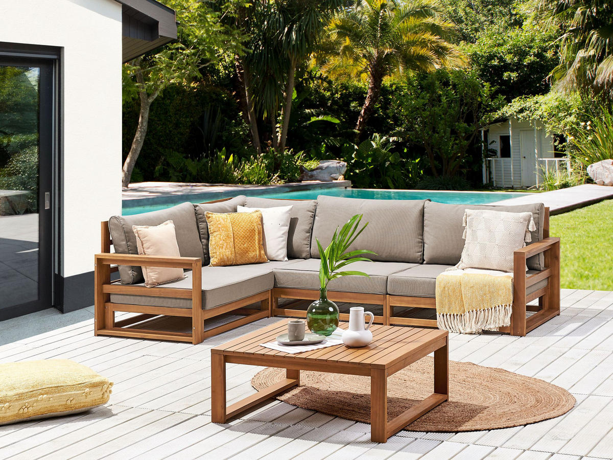 LOUNGE SET 4-Sitzer zertifiziertes Holz heller holzfarbton modular Auflagen taupe Timor - Taupe, Holz - Beliani