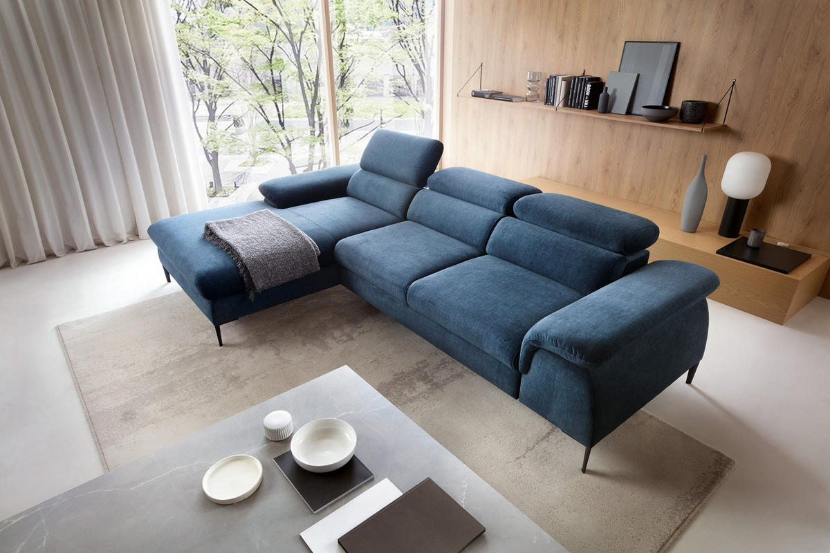 ECKSOFA MESTO Blau Velours-Stoff mit Schlaffunktion - Blau, Holz (288/182cm) - MASSENO