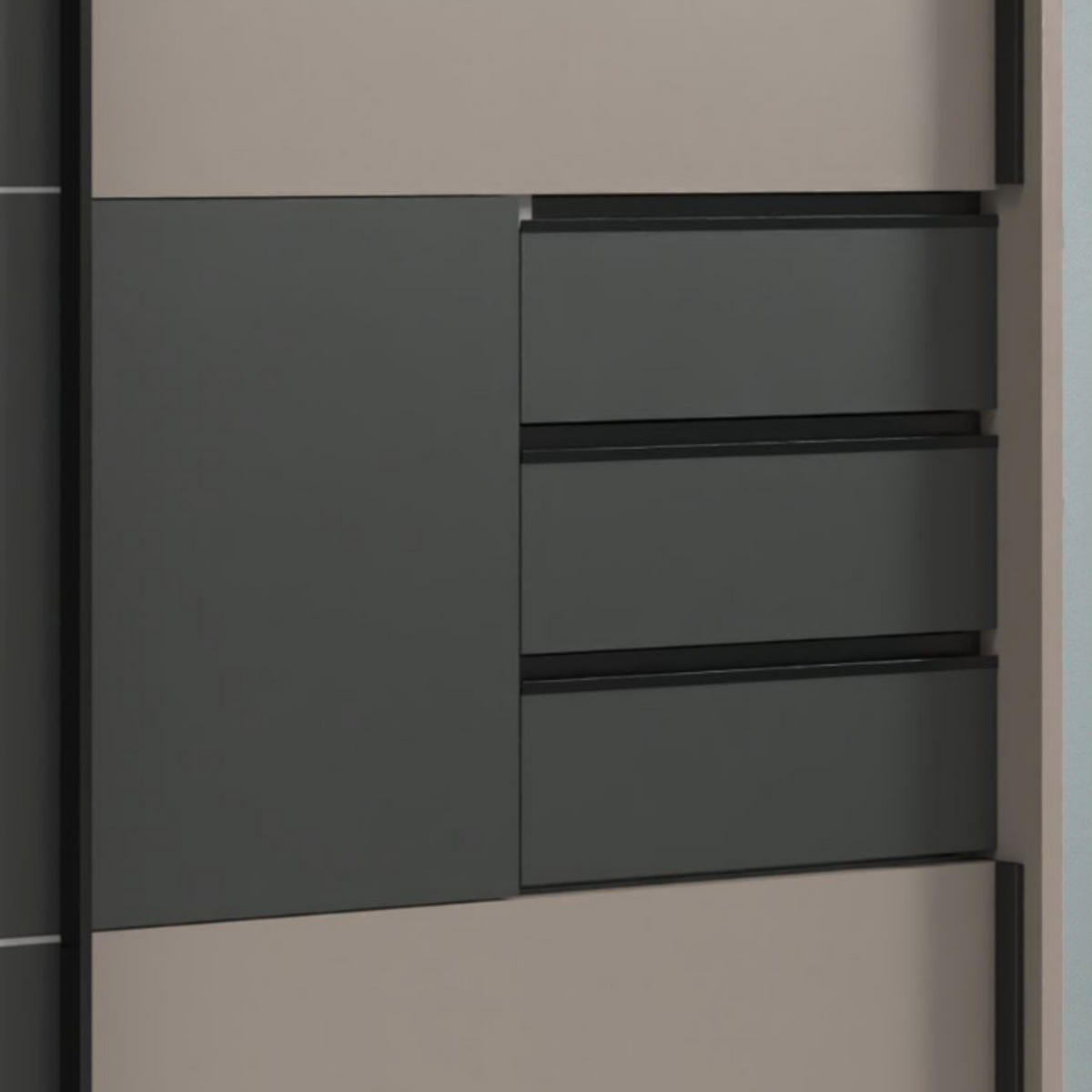 SCHWEBETÜRENSCHRANK 3-türig mit Passepartout, Spiegel, Schubladen, Vollausstattung, Sand Grau mit Absetzungen in Grafit, B273/H213/64 cm / 22508 - Sandfarben/Schwarz, Holzwerkstoff/Metall (273/213/64cm) - luma-home