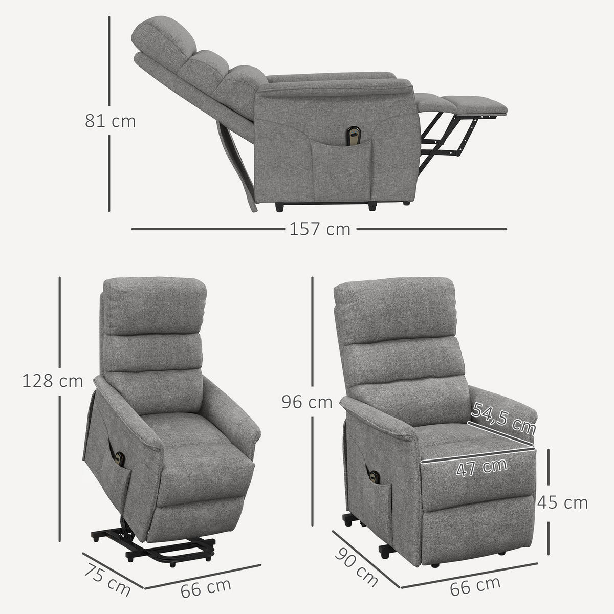 FERNSEHSESSEL mit Aufstehhilfe Elektrisch, Relaxsessel mit Liegefunktion Grau - Schwarz/Grau, Textil/Metall (90/96/66cm) - HOMCOM