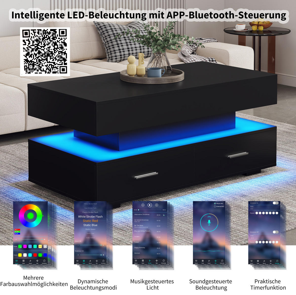 COUCHTISCH 100/50/44 cm schwarz aus Spanplatte mit LED-Beleuchtung und Stauraum - Weiß, Holzwerkstoff (100/50/44cm) - OKMYHOME