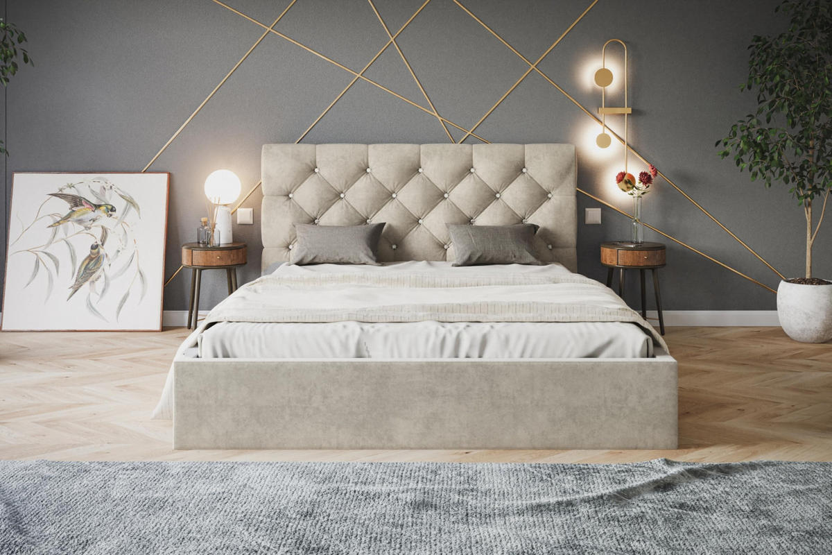 BETT 140x200 - Polsterbett mit Bettkasten und Holzrahmen - Elegant Betten - Weicher Jasminstoff - Kollektion Boston, Beige - AlpiMeble - Beige, Holz/Kunststoff (140/200cm) - Alpi-Möbel