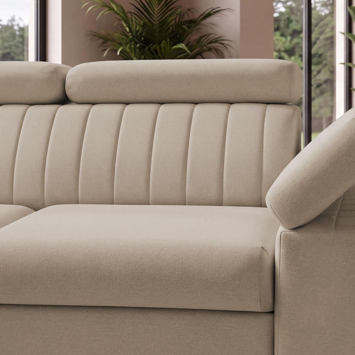 ECKSOFA FELIX L Links mit Schlaffunktion Velours Beige - Beige/Schwarz, Holz/Textil (257/176cm) - Muffo