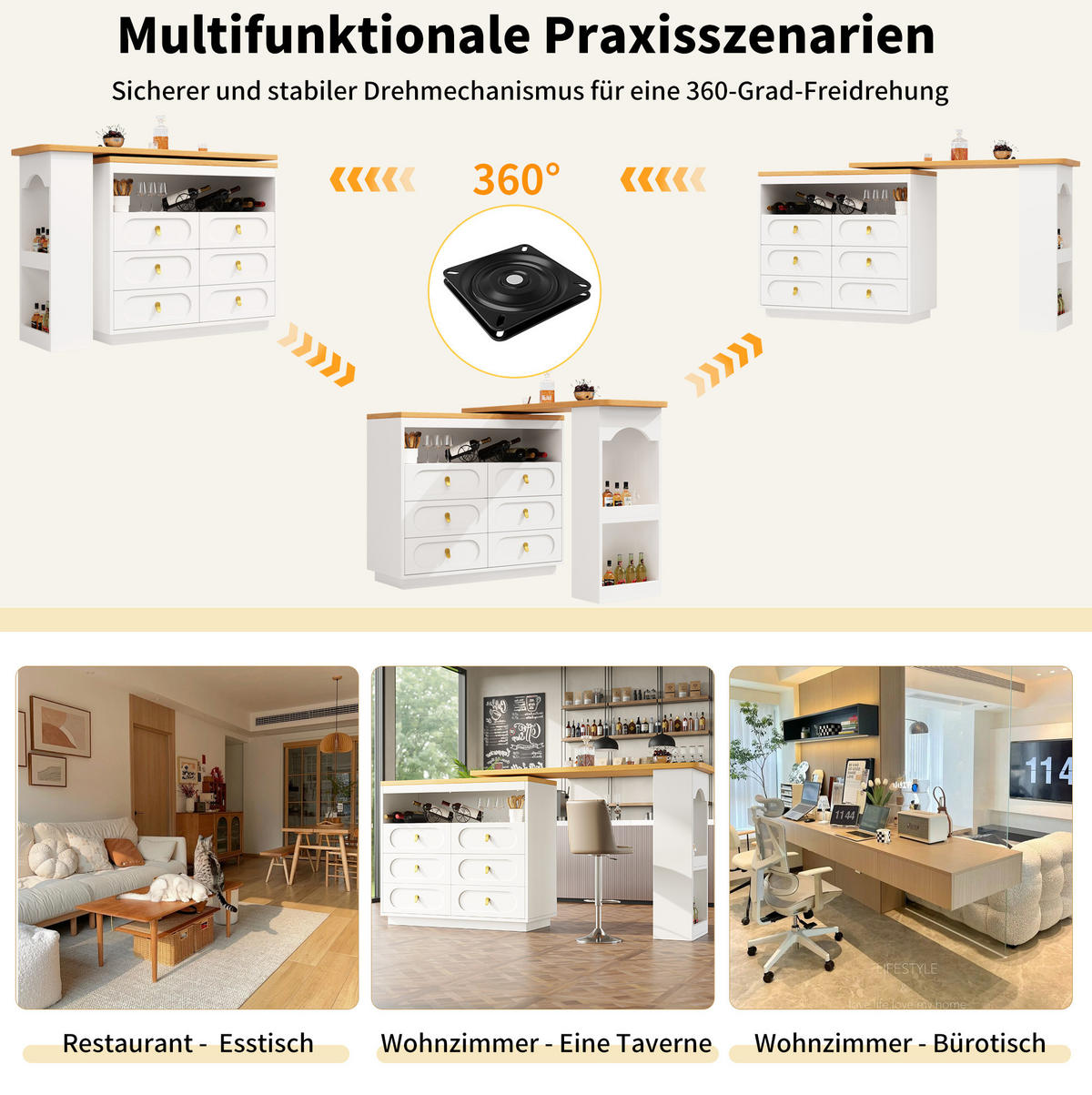 BARTISCH aus MDF, ausziehbar 137-203/39/90 cm mit 360° Drehfunktion & 6 Schubladen, Weiß - Weiß, Holzwerkstoff (39/90/137cm) - Redom
