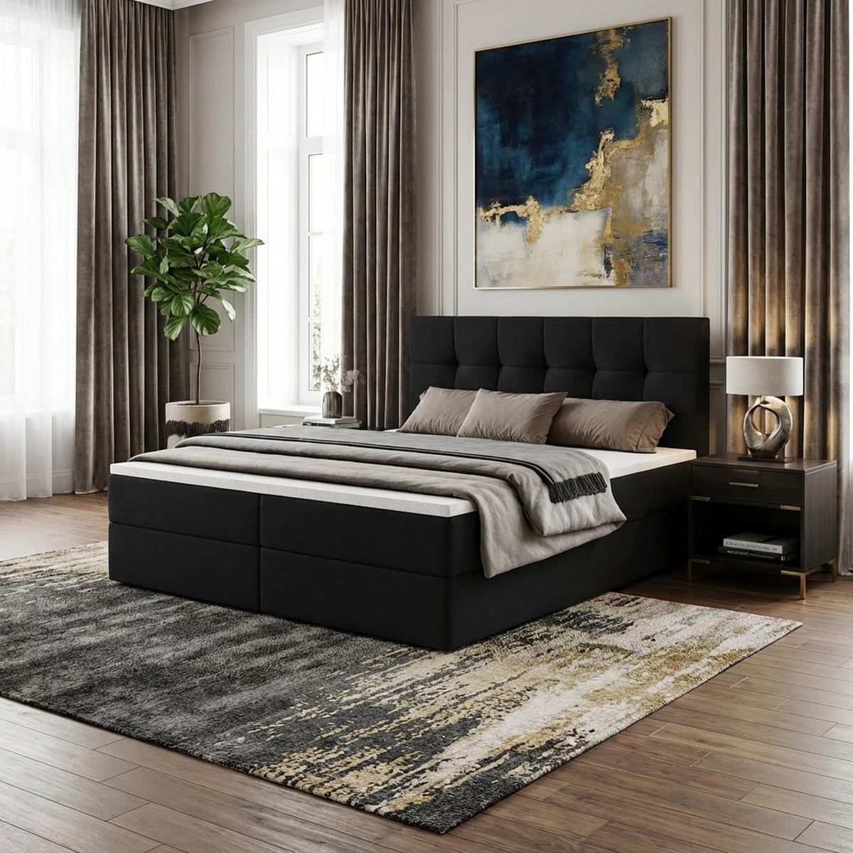 BOXBETT Auren mit Topper Schwarz 200x200 - Schwarz, Textil (200/200cm) - Luxkor24