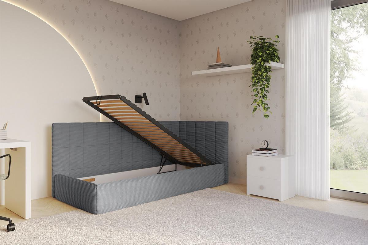 EINZELLBETT Jugendbett mit Bettkasten, Links - TULY 90x200 Dunkelgrau - Graphitfarben, Holzwerkstoff/Textil (90/200cm) - ALTDECOR