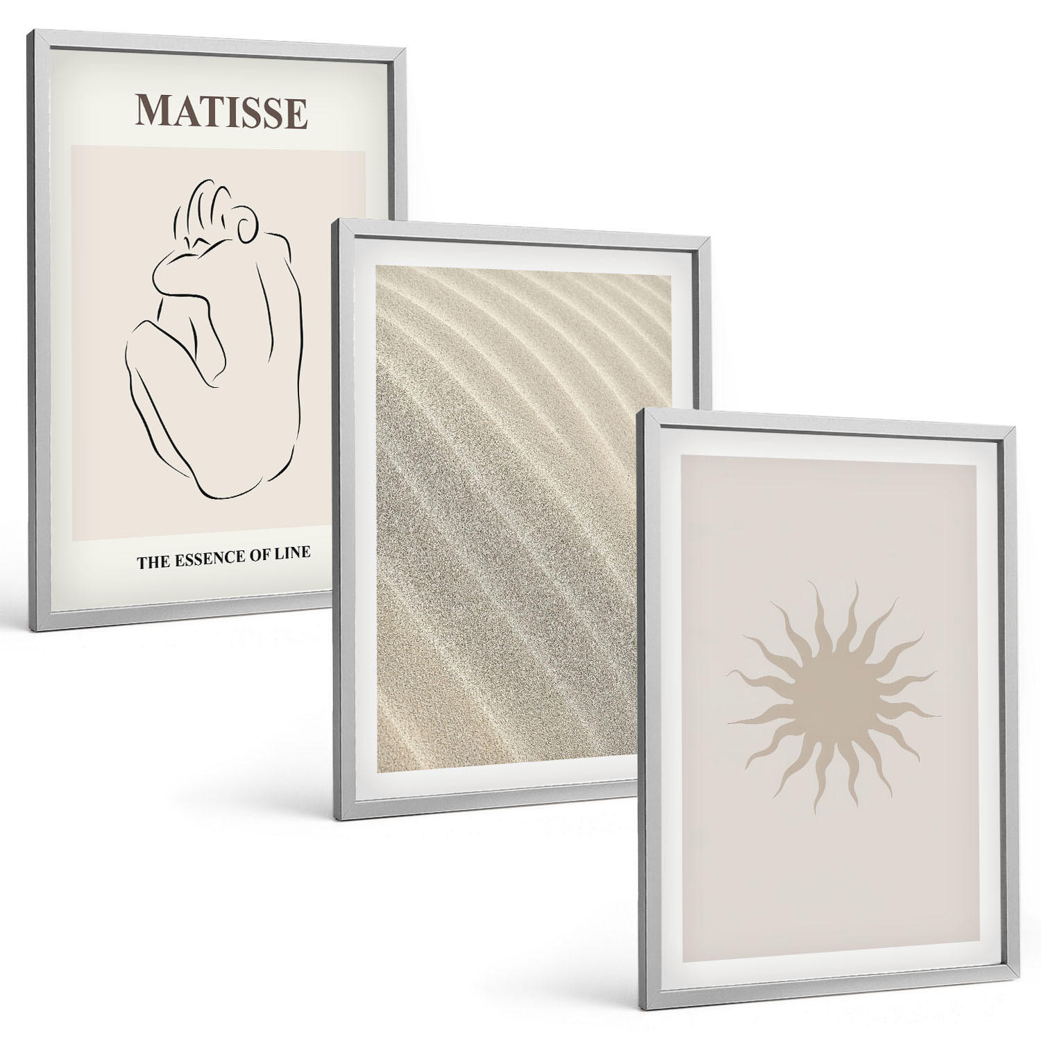 BILDER SET 3er Set - 40x60 cm Silberner Rahmen - Minimalistische Sandlinien Sonne - Silberfarben, Kunststoff (40/60cm) - TULUP