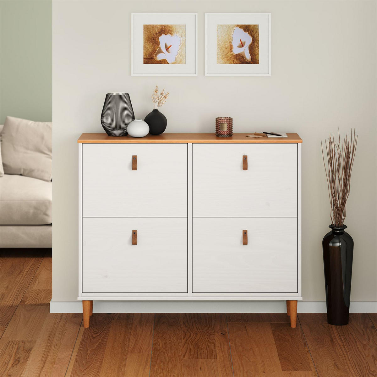 SCHUHKIPPER MIKKA weiß/Eiche - Eichefarben/Weiß, Holz (107/92/25cm) - IDIMEX