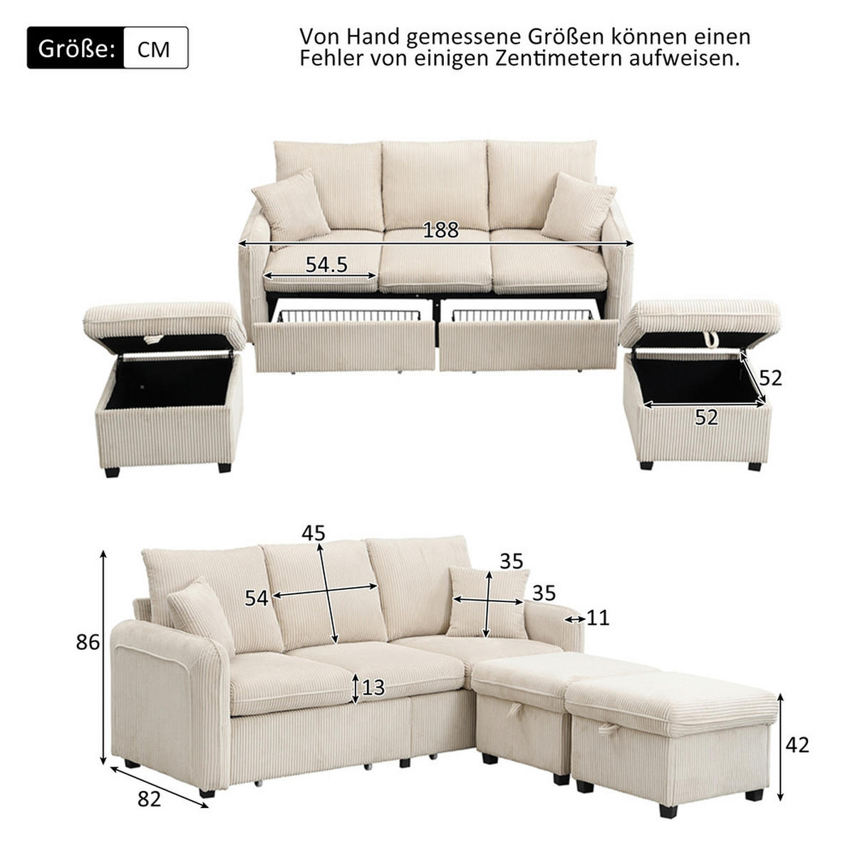 ECKSET U-Form 3-Sitzer Cord Modular Mit Schlaffunktion - Beige, Holz (88/34/57cm) - FLIEKS