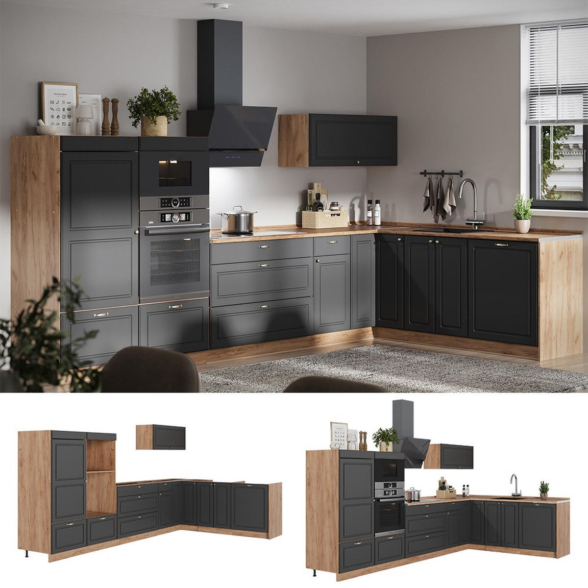KUHINJA U OBLIKU SLOVA L Fame-Line, Seoska Antracit-Zlatna/Hrast zlatnog tona, 347 x 207 cm bez radne ploče - hrast medunac/antracit, drvni materijal (347/153.6/51.6cm) - Vicco