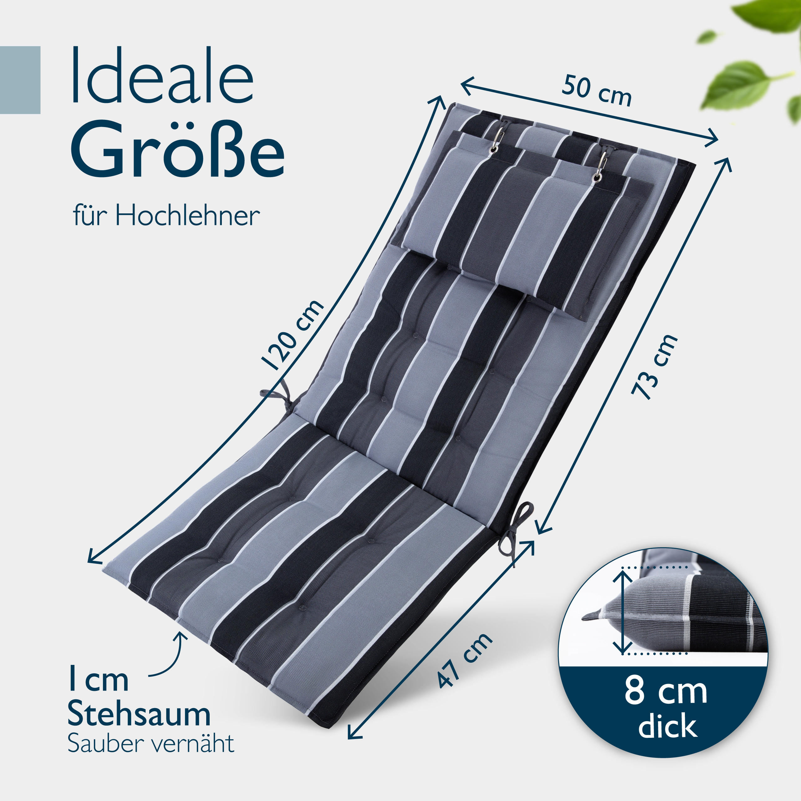 HOCHLEHNERAUFLAGE Sun-HL 119/50/8cm Anthrazit-Gestreift - Multicolor, Textil (50/8/119cm) - Beautissu 