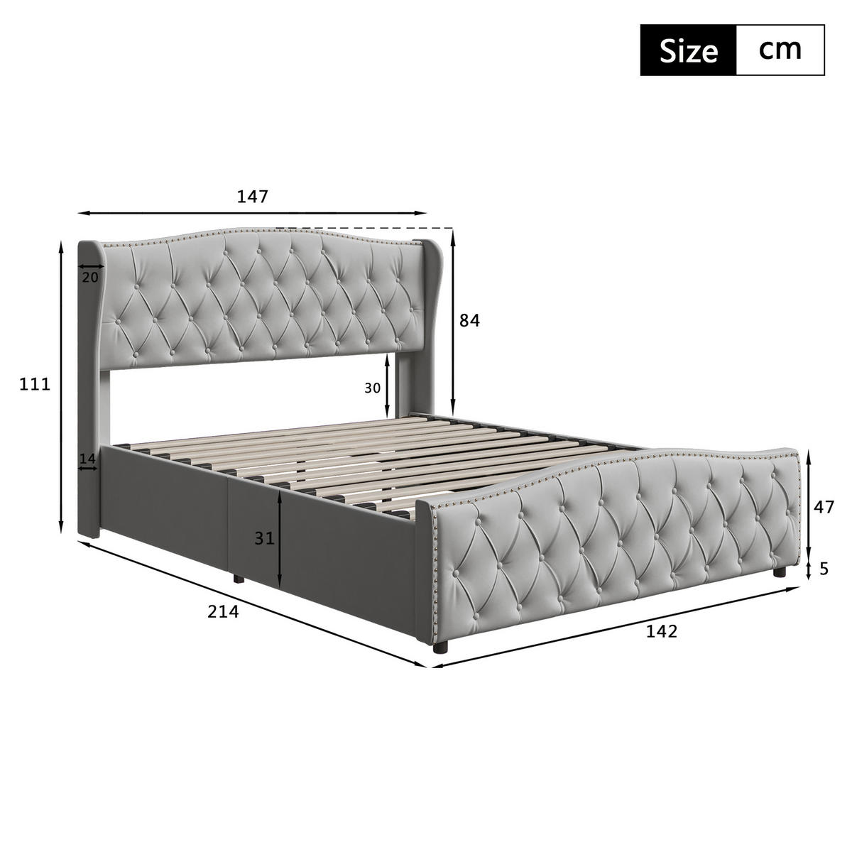 POLSTERBETT Wave-Design 140/200 cm mit Bettkasten & Nietendekor Samtstoff Grau - Grau, Textil (140/200cm) - Creahappy