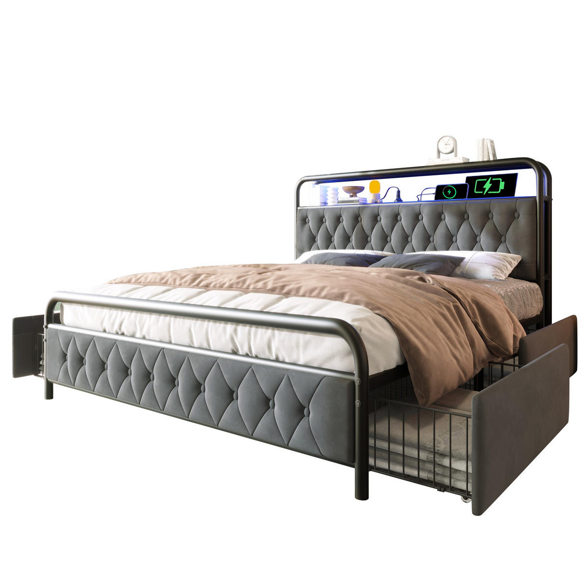 POLSTERBETT 160/200 cm Grau mit USB- und Type-C-Anschlüssen und LED-Beleuchtung - Grau, Textil (160/200cm) - OKWISH