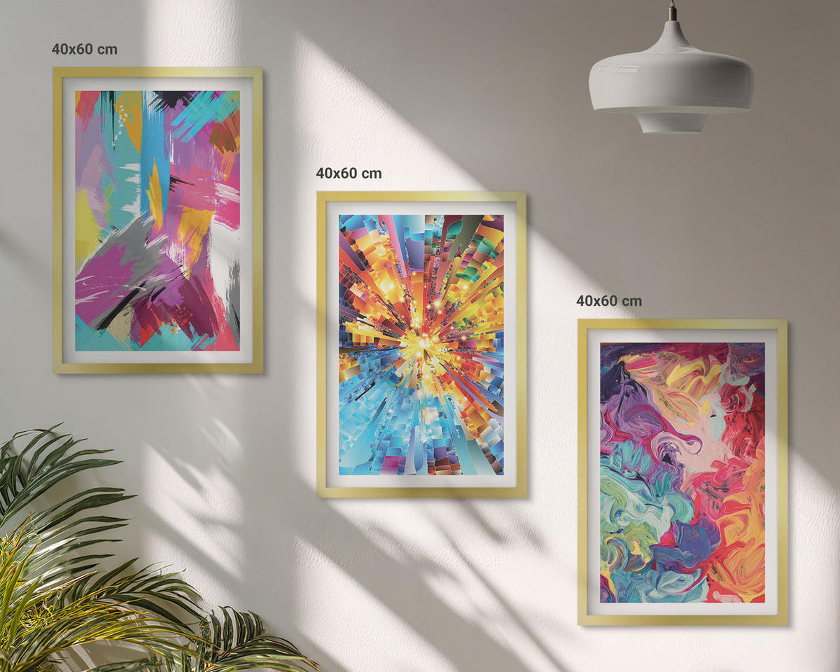 BILDER SET 3er Set - 40x60 cm Goldrahmen - Bunte abstrakte Farbmuster - Goldfarben, Kunststoff (40/60cm) - TULUP