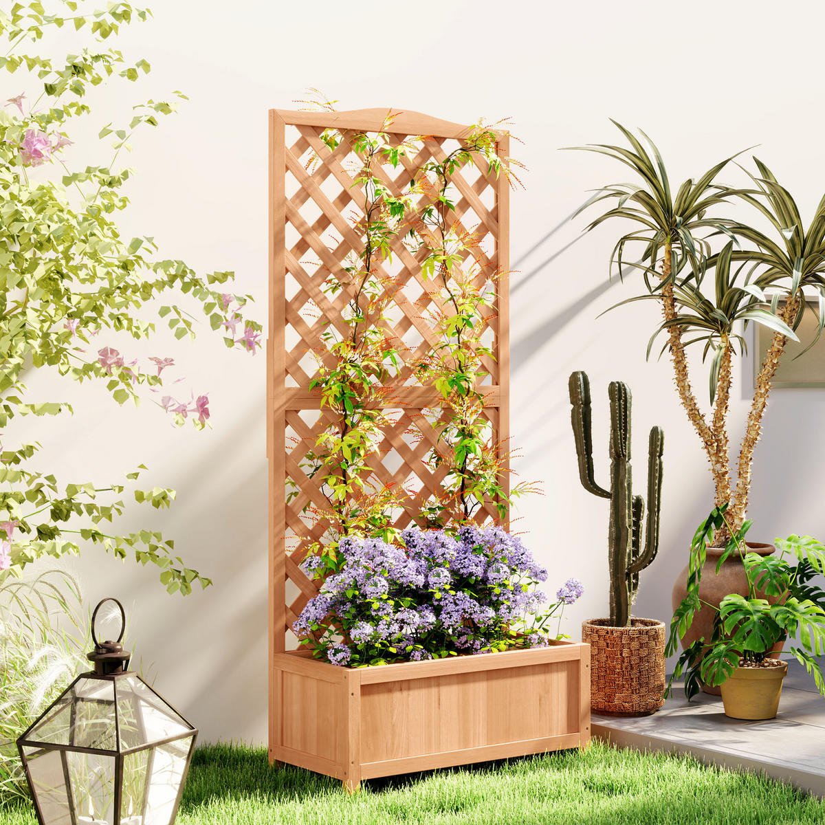 HOCHBEET DE-12197 mit Rankgitter 76/36/170 cm mit Lattenboden Braun - Braun, Holz (76/170/36cm) - ComfortXL