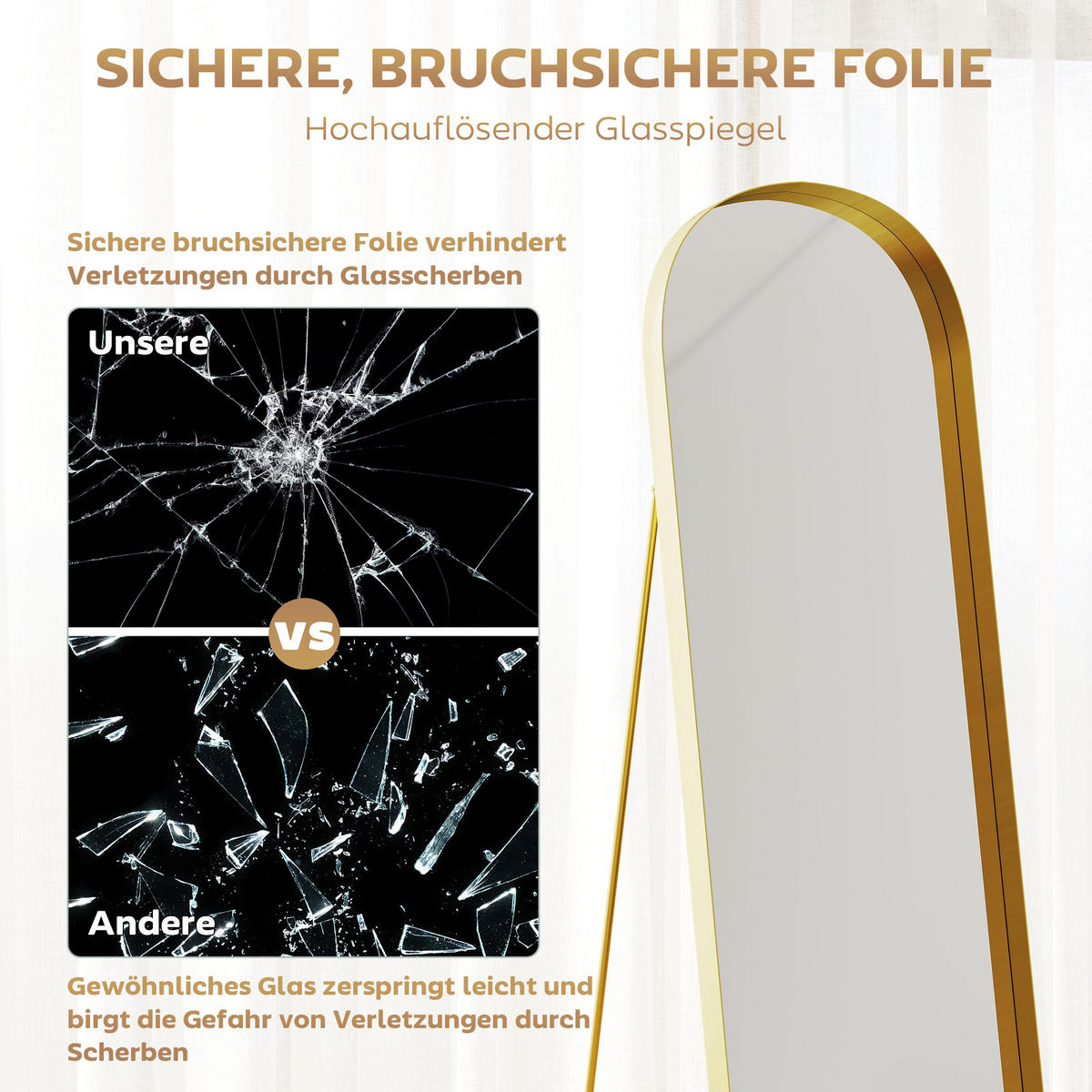 GANZKÖRPERSPIEGEL 160 x 50 cm Gewölbter Standspiegel mit Metallrahmen, Gold - Goldfarben, Metall (6/160/50cm) - HOMCOM