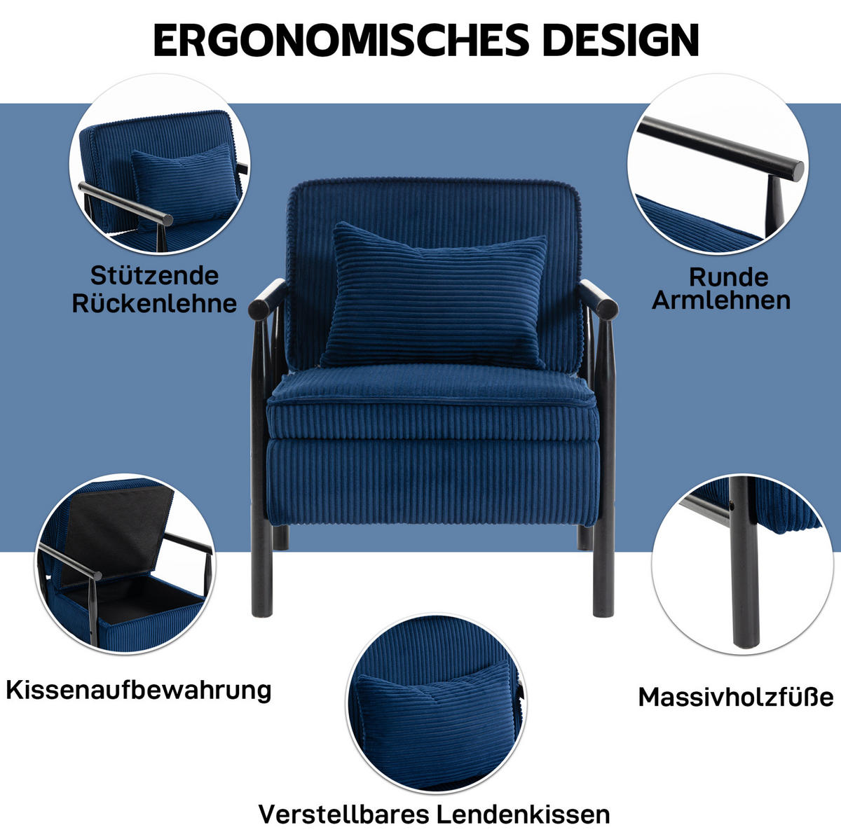 SESSEL 83/66/73 cm blau aus Samt mit Stauraum, Holzgestell und Lendenkissen - Blau, Textil (66/73/83cm) - OKWISH