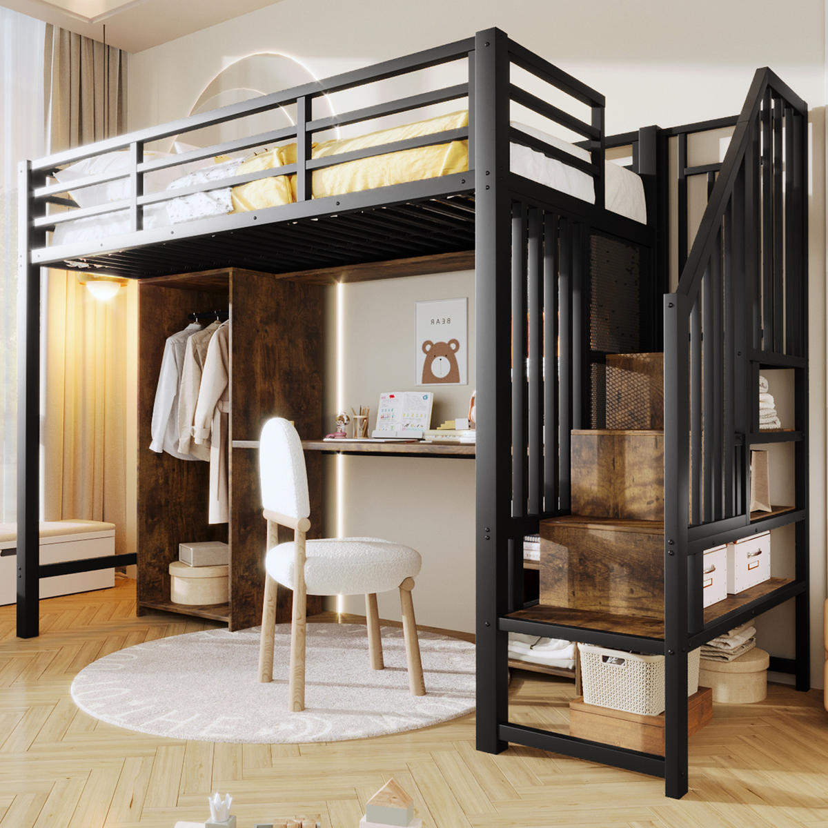 HOCHBETT 90/200 cm aus Metall und MDF mit Kleiderschrank und Schreibtisch Schwarz - Schwarz, Metall (90/200cm) - Modenvie