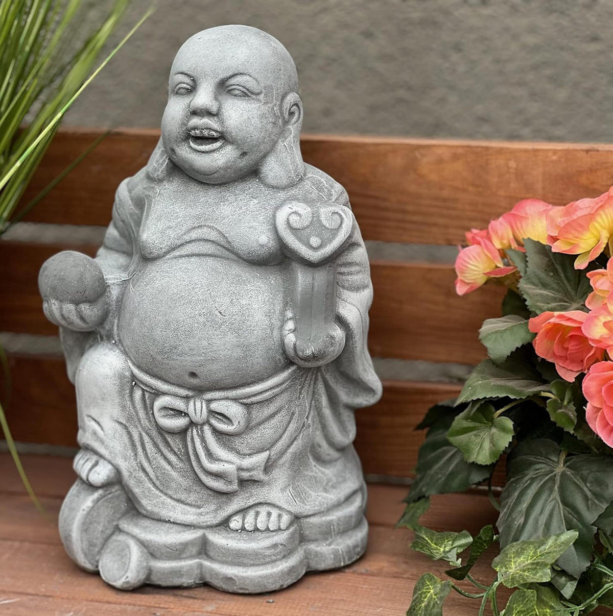 STEINFIGUR Dicker Shaolin Buddha Mönch stehend frostfest Steinguss - Grau, Stein (21/30/15cm) - stoneandstyle