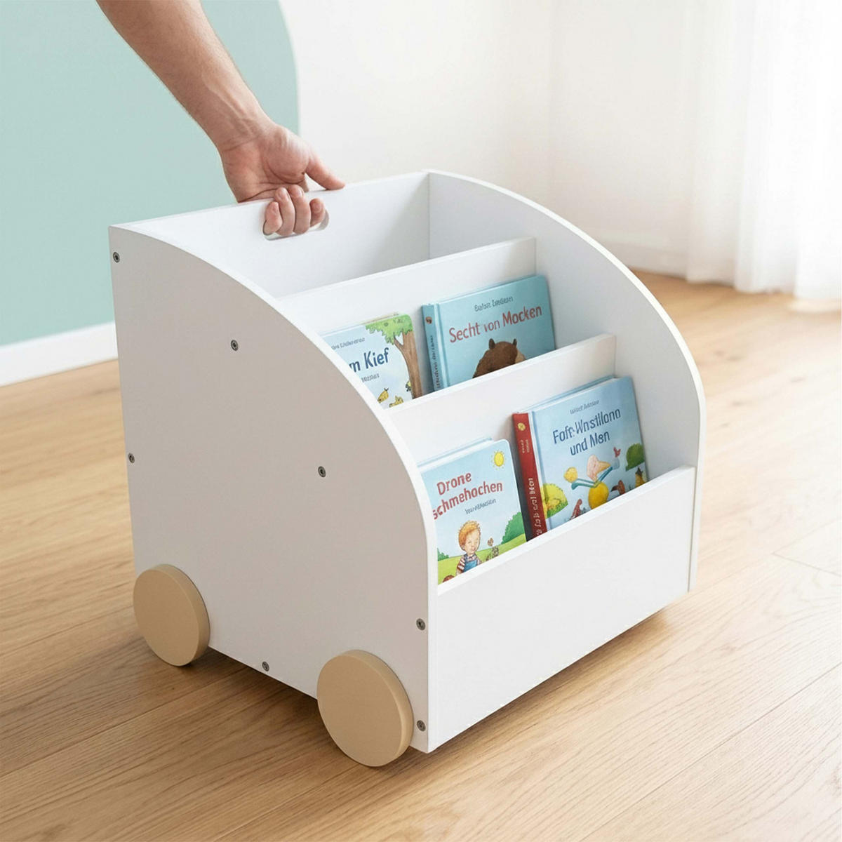 BIBLIOTECĂ Alb natural copii 3-compartimente cu roți - alb, compozit lemnos (46/43.5/40cm) - Relaxdays