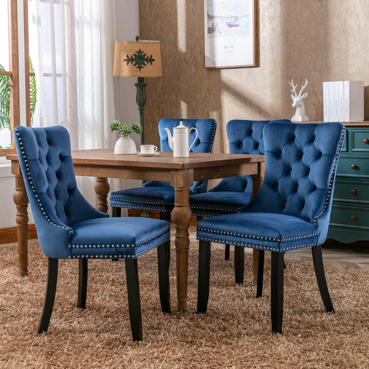 ESSZIMMERSTUHL Samt Blau mit hoher Rückenlehne Massivholz 2er-Set - Blau, Metall (50/95/65cm) - Meubliv