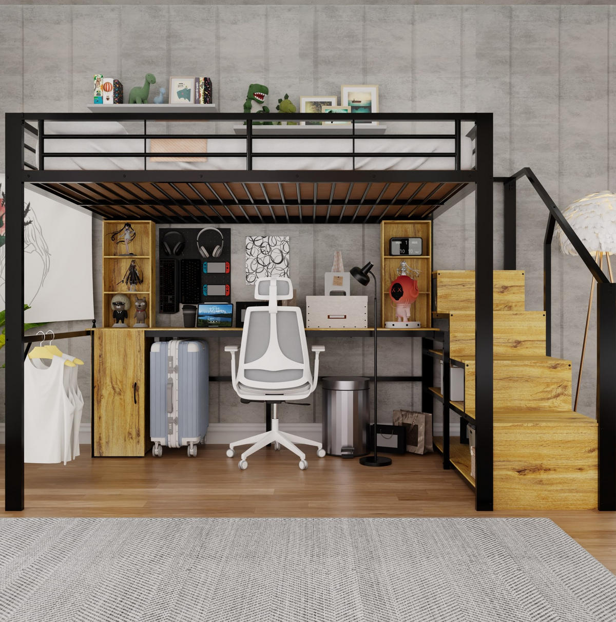HOCHBETT aus Metall, Sperrholz und MDF 140x200 cm Schwarz mit Schreibtisch und Stauraumtreppe - Schwarz, Metall (140/200cm) - IVMEU