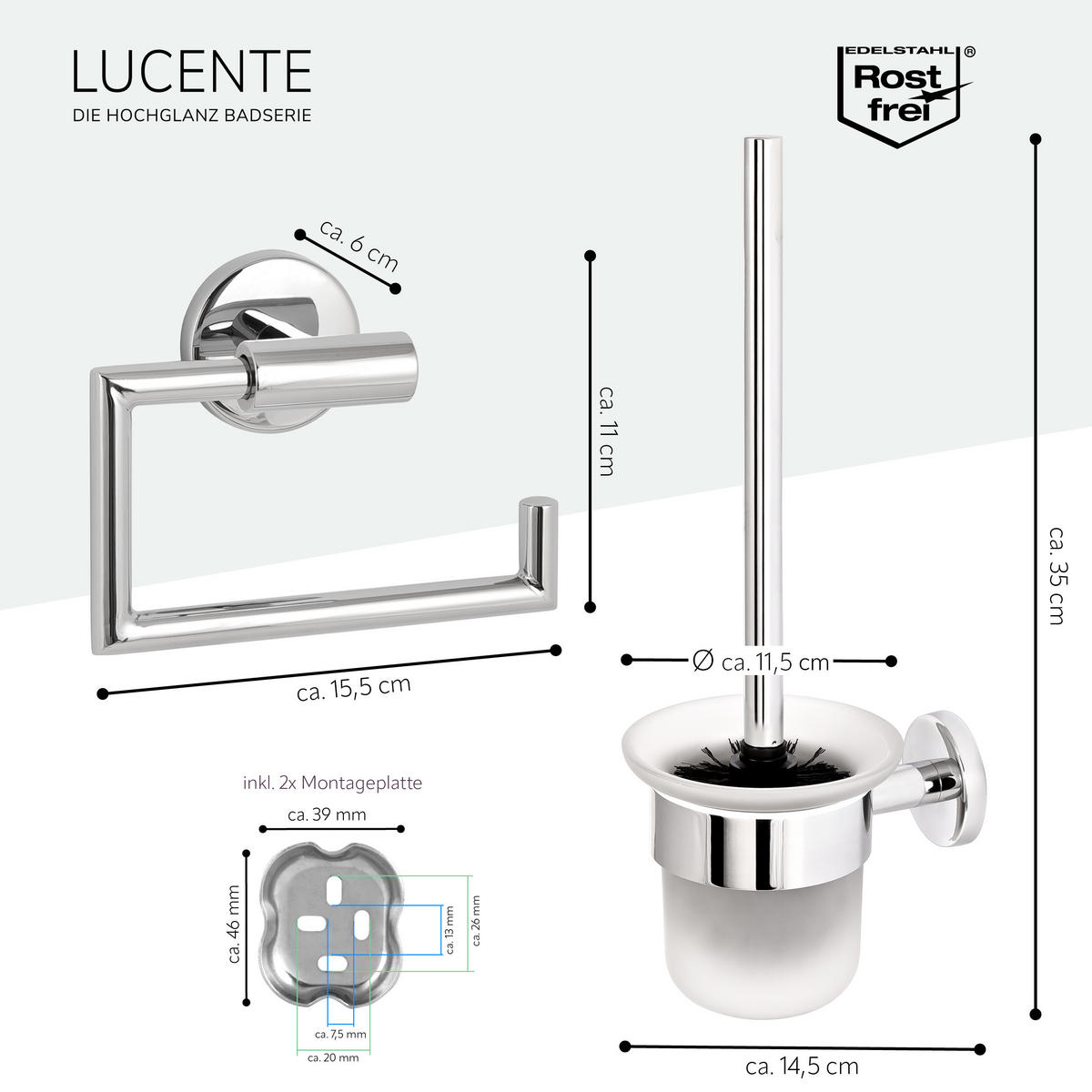 BADEZIMMER-ZUBEHÖR-SET LUCENTE 2tlg., Edelstahl, matt - Chromfarben, Metall (15.5/11/6cm) - bremermann