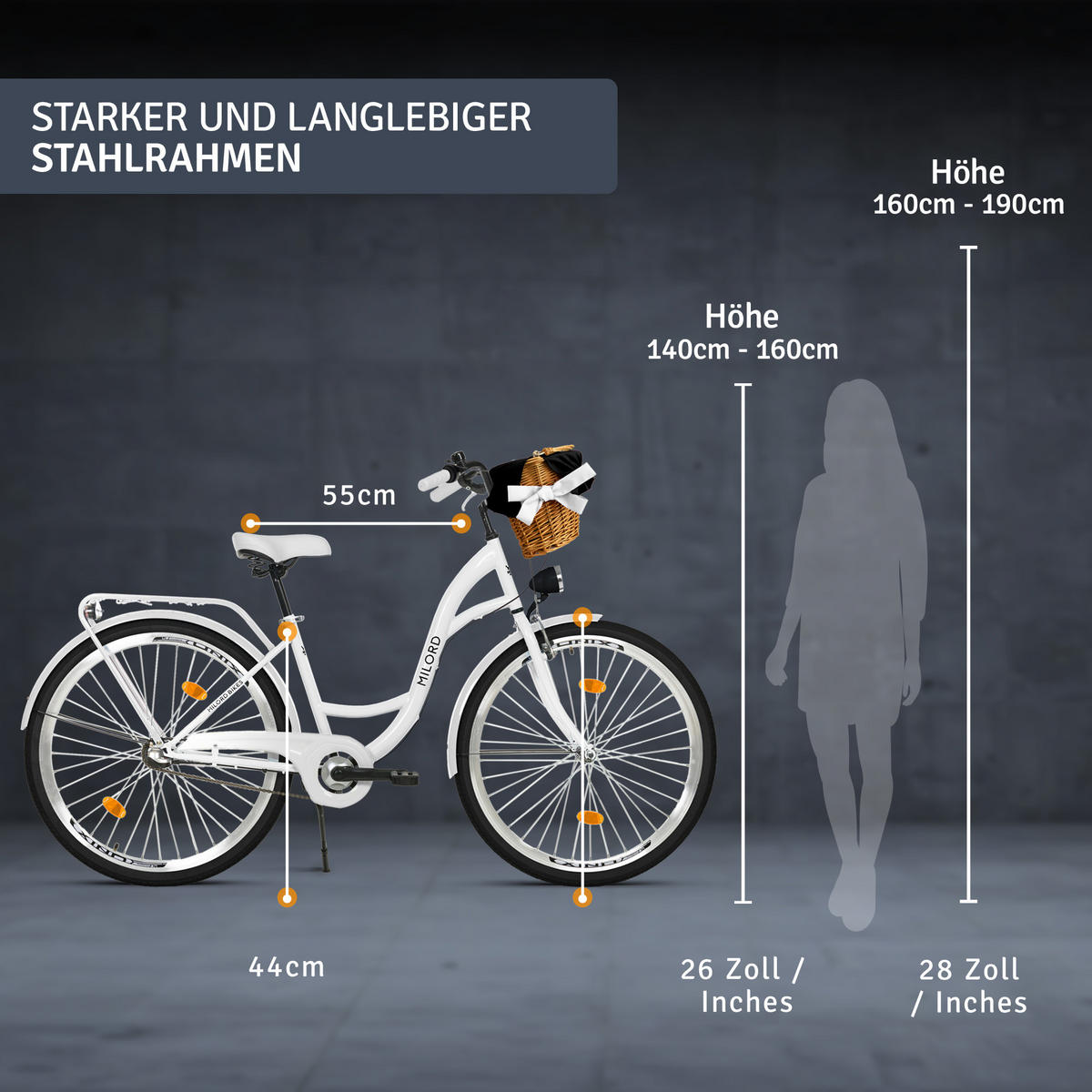 CITY-FAHRRAD Milord mit Weidenkorb, 28 Zoll, Weiß, 3-Gang - Weiß, Metall (46cm) - Milordbikes