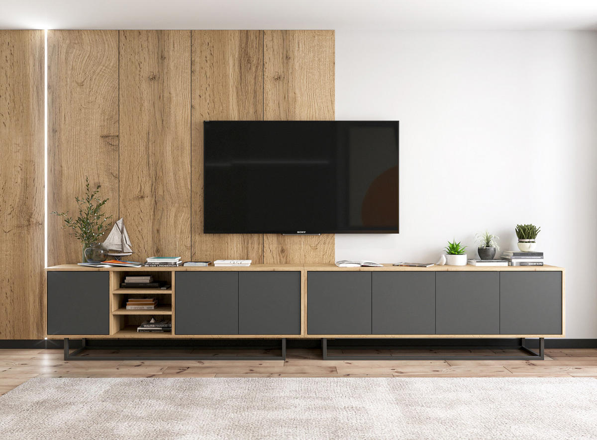 TV-LOWBOARD Apollo Eiche wotan Graphit Matt 150/53/35 cm - Graphitfarben/Schwarz, Holzwerkstoff/Metall (150/53/35cm) - Meble Lindner