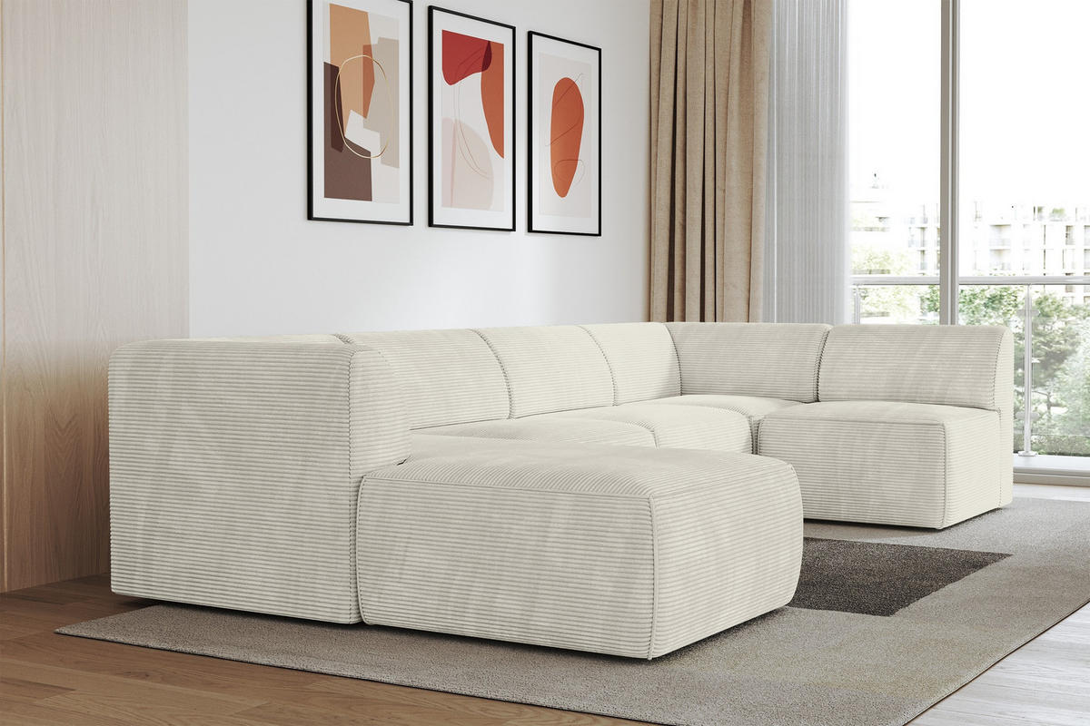WOHNLANDSCHAFT Ottomane Links MOVA 345x180x78 Creme Cord - Creme/Schwarz, Holzwerkstoff/Kunststoff (180/78/345cm) - ALTDECOR