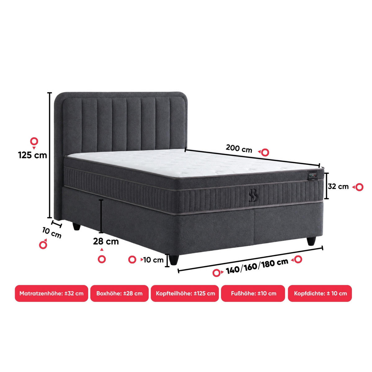 BOXBETT LEO Bett mit Matratze 180x200 - Grau, Holz (180/200cm)