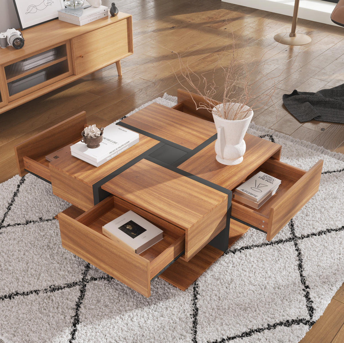 COUCHTISCH 78/78/36 cm mit 4 Schubladen und Ablage in Natur/Schwarz - Naturfarben, Holzwerkstoff (78/78/36cm) - Flora Grace