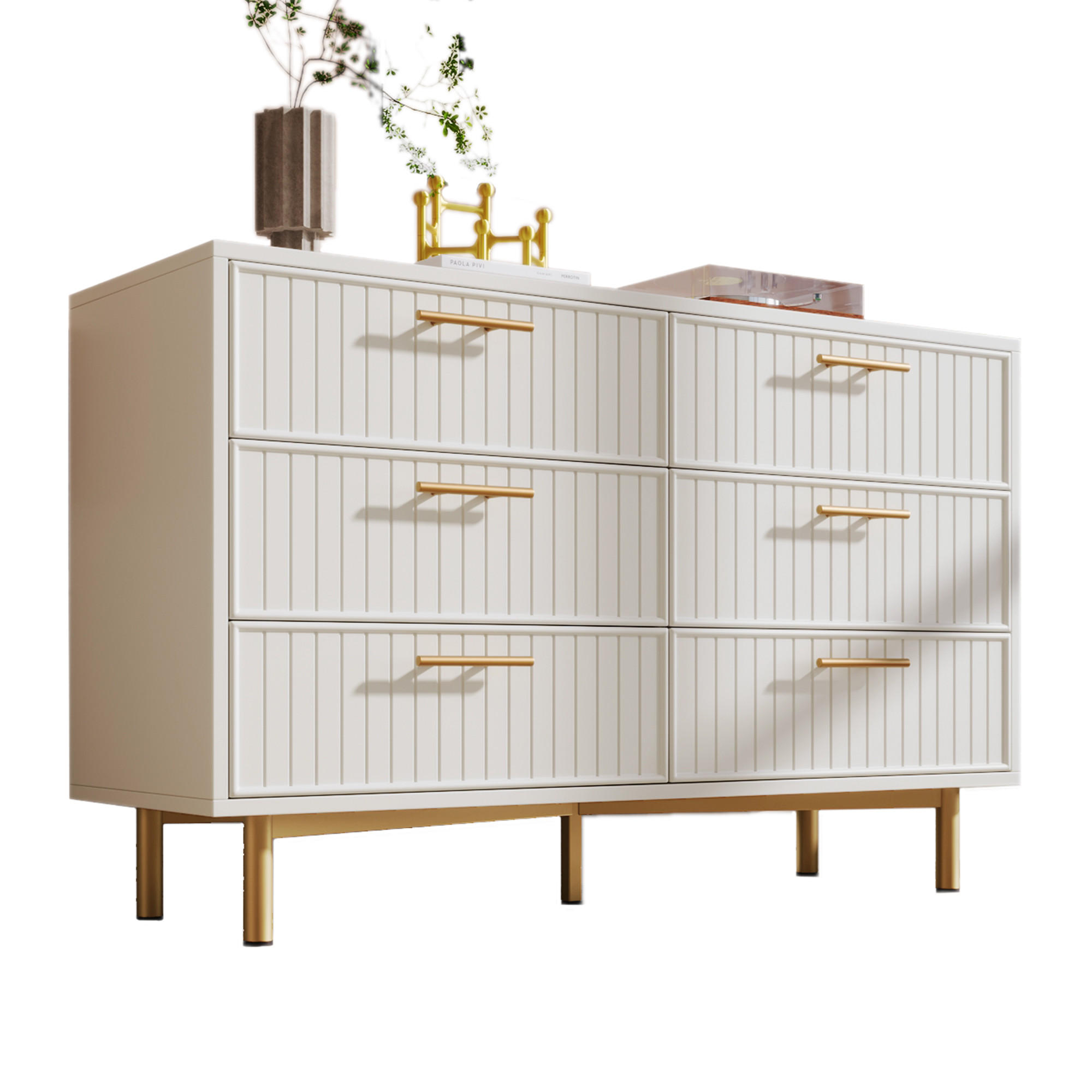KOMMODE in Weiß Sideboard mit 6 Schubladen für Wohnzimmer und Schlafzimmer, B120/T40/H75 cm - Goldfarben/Weiß, Holzwerkstoff/Metall (120/75/40cm) - STILVORA