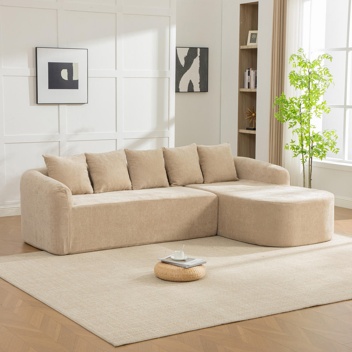 ECKSOFA Chenille Hellkhaki mit Kissen - Hellbraun, Textil (270/172cm) - WISHDOR