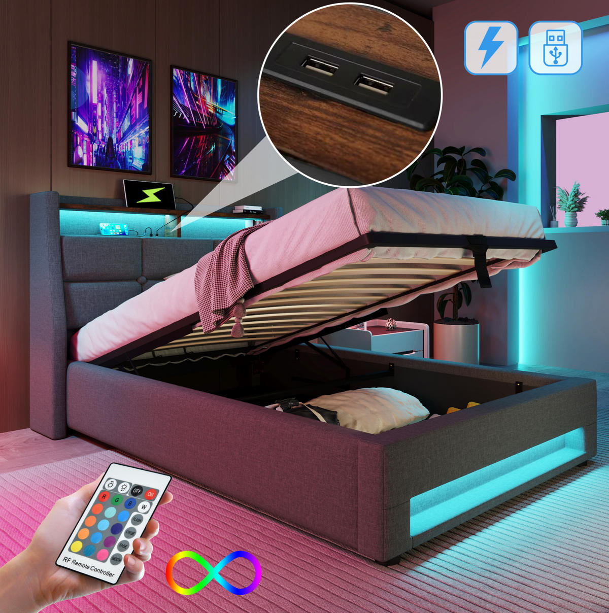 POLSTERBETT 90/200 cm Grau aus Leinen mit LED und USB - Grau, Textil (90/200cm) - OKMYHOME