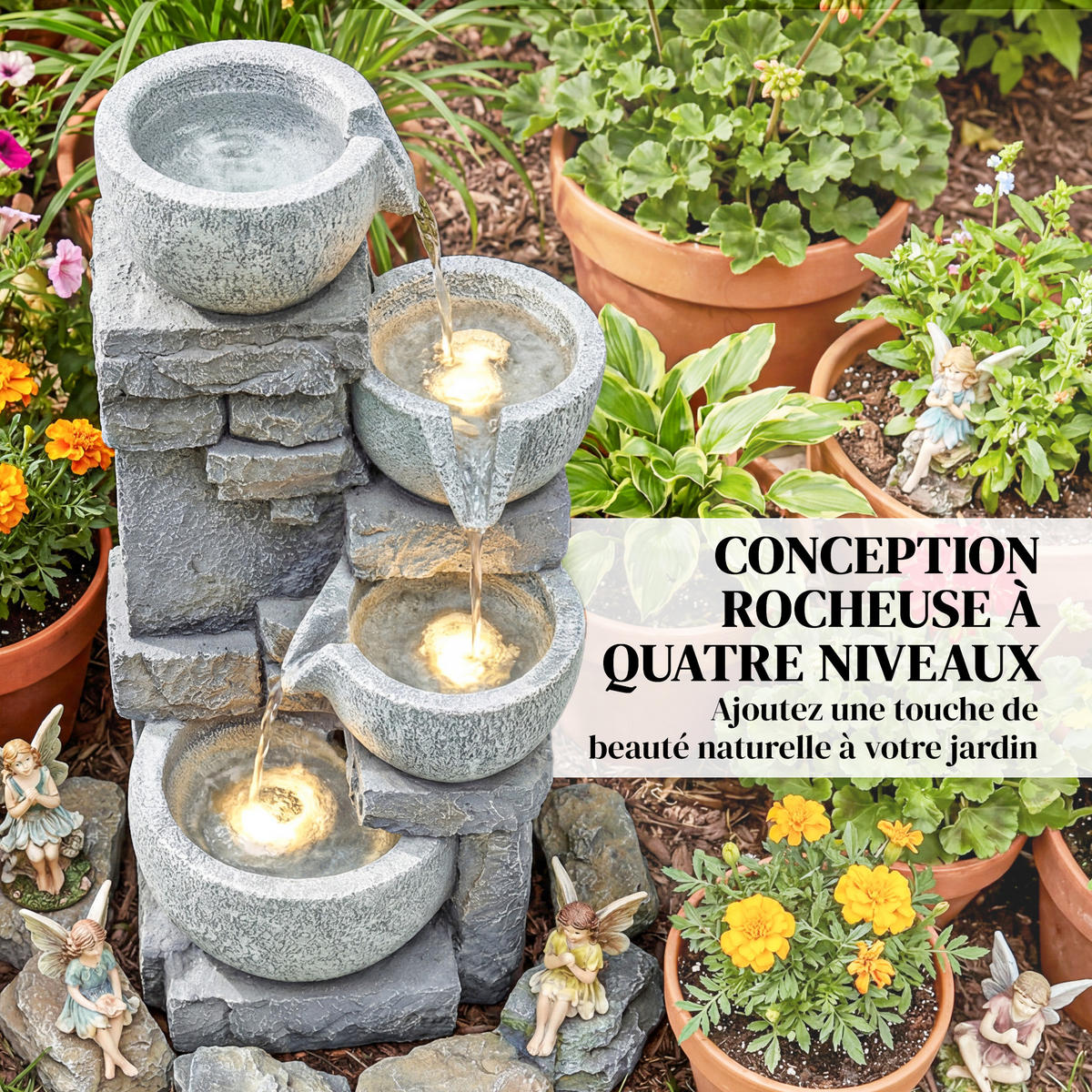 GARTENBRUNNEN DE-18872 4-stufige Kaskade mit LED Grau - Grau, Kunststoff (28/25/54.5cm) - ComfortXL