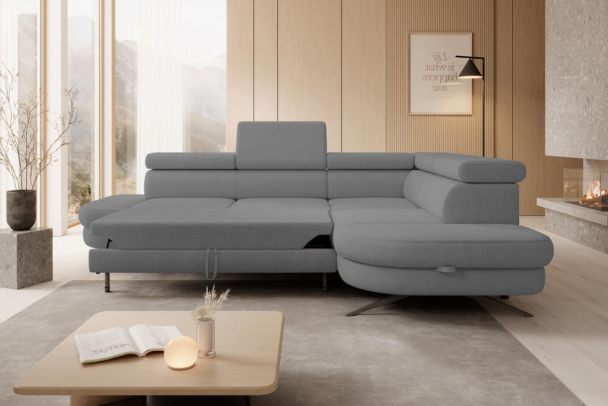 ECKSOFA OTIS L-förm, Schlaffunktion, verstellbare Kopfstützen, in AURORA-Stoff, lose Rückenkissen, freistehend, RECHTS 276x218x97 cm Grey - Grau, Holz/Textil (276/218cm) - DomoHome