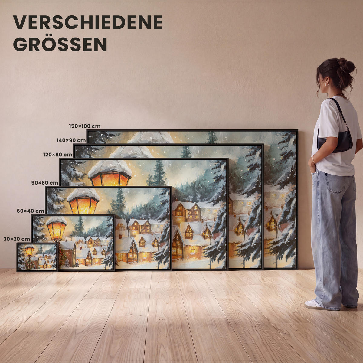 LEINWAND Bilder mit Rahmen - Weihnachtsdorf - Häuser - Schnee - Weihnachten - 90x60 - Sandfarben, Textil (90/60cm) - MuchoWow